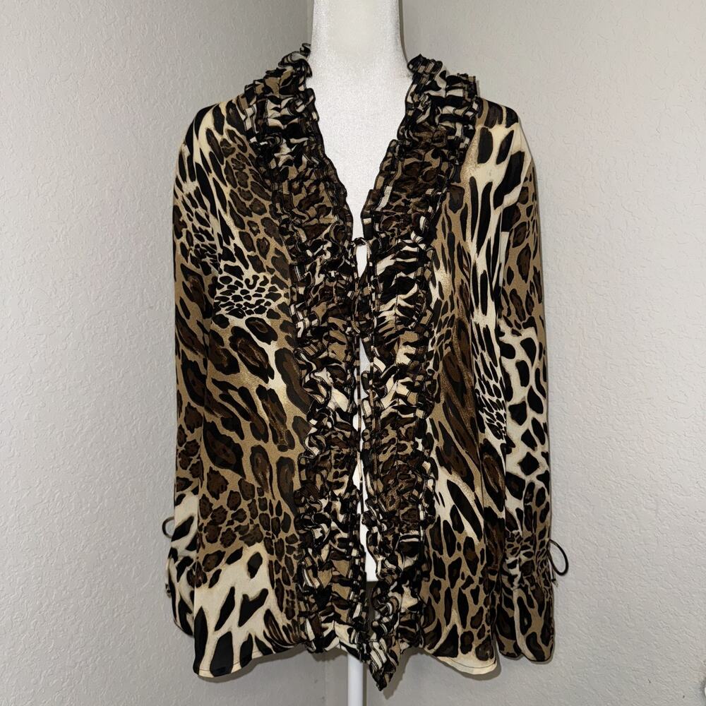 Milano Blouse Top Women’s 1X Brown Leopard Print Long Sleeve Ruffle Open Front